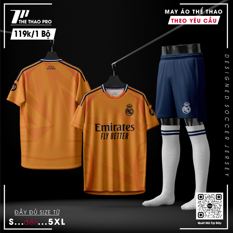 Bộ quần áo thể thao Real Madrid 2024 màu cam cháy kết hợp quần xanh navy