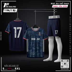 Áo bóng đá theo yêu cầu màu xanh navy phối trắng đỏ