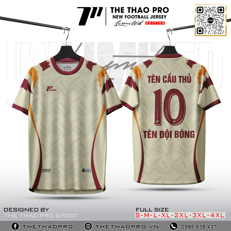 Áo bóng đá không logo màu kem xám phối đỏ bordeaux - The Thao Pro