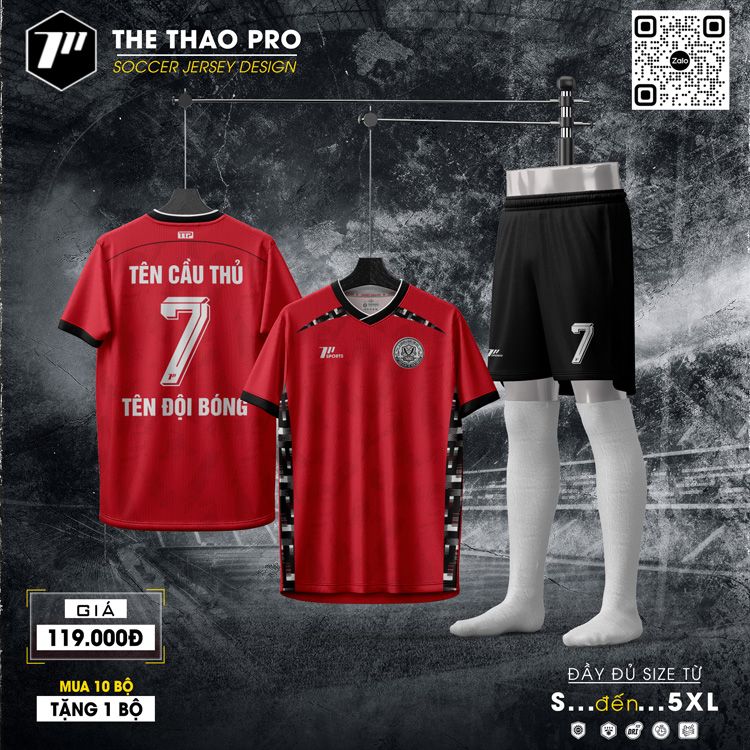 Áo bóng đá không logo đỏ đen thiết kế thể thao cá tính