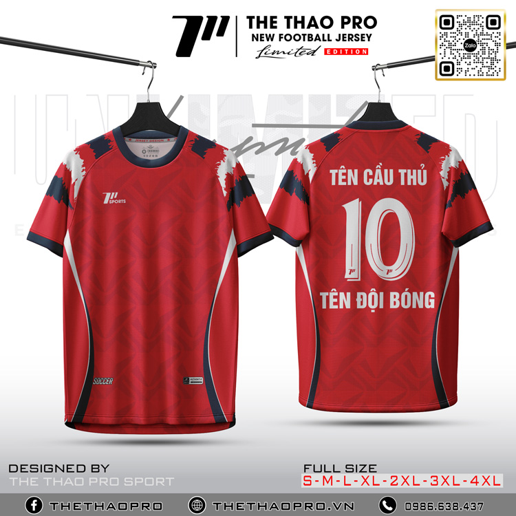 Áo bóng đá đỏ không logo cho học sinh, in tên đội và số áo tùy chọn
