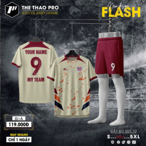 Bộ quần áo bóng đá FLASH màu kem phối đỏ burgundy – Sang trọng & nổi bật