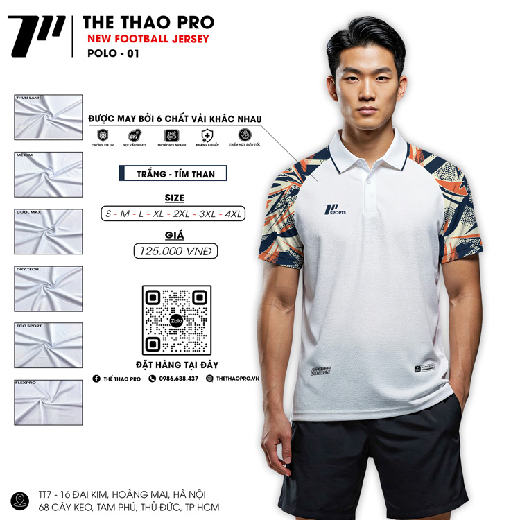 Áo Polo Thể Thao THE THAO PRO – POLO 01 màu trắng tím than