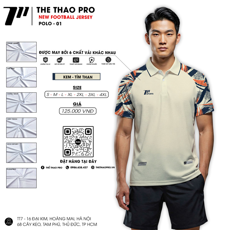 Áo polo thể thao nam POLO-01 màu kem nhạt phối họa tiết tím than cam