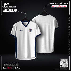 Áo bóng đá tuyển Anh màu trắng viền xanh navy - Form suông thoáng mát