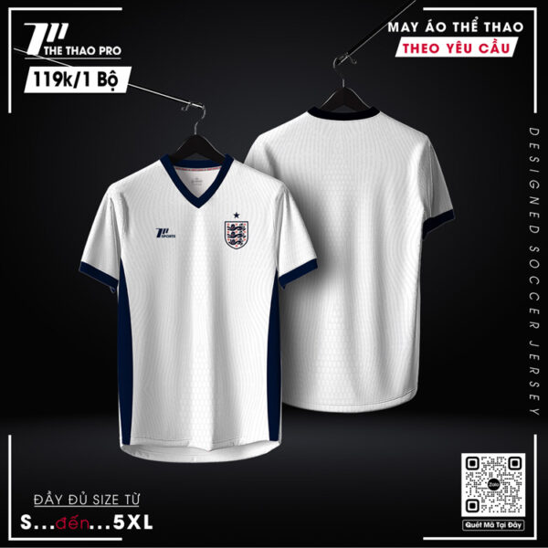 Áo bóng đá tuyển Anh màu trắng viền xanh navy - Form suông thoáng mát
