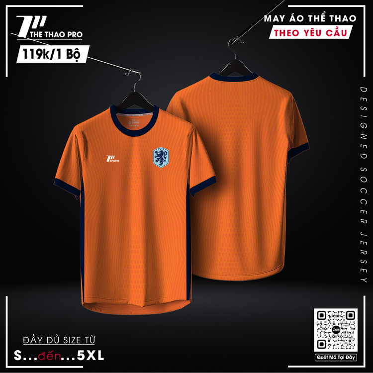 Áo thể thao màu cam đội tuyển Hà Lan thiết kế Unisex, chất liệu thấm hút tốt