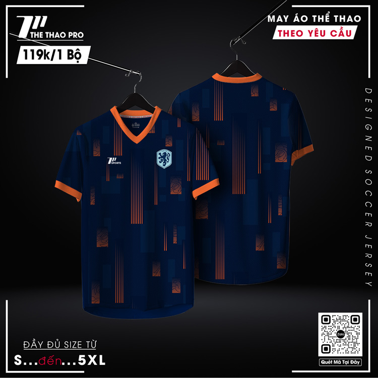 Áo thể thao nam xanh navy phối cam, cổ V dáng body fit