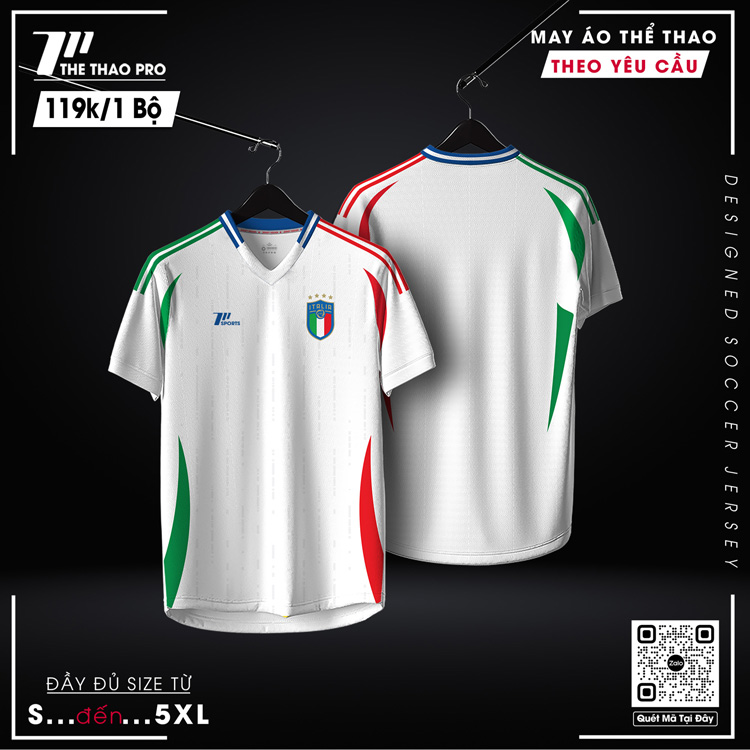 Áo bóng đá đội tuyển Italia màu trắng phối xanh đỏ, phong cách hiện đại và thể thao