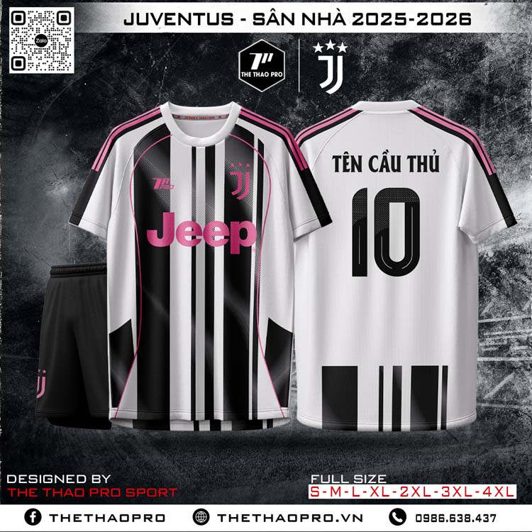 Áo đấu Juventus sân nhà 2025–2026 trắng đen điểm hồng neon