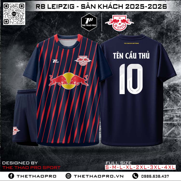 Áo đấu RB Leipzig sân khách 2025-2026 xanh navy sọc đỏ