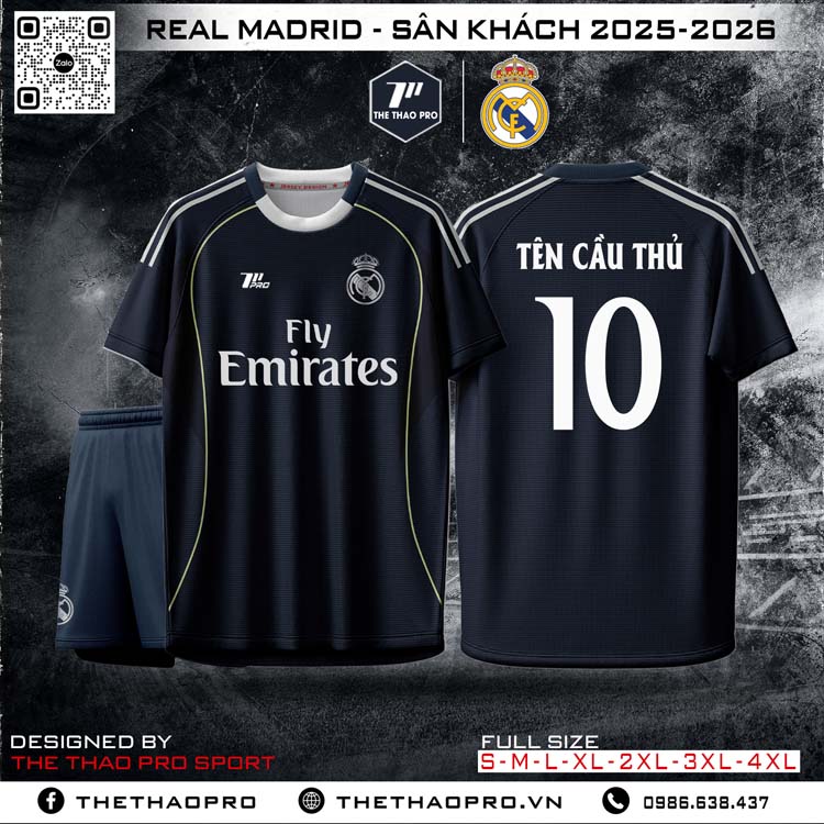 Áo đấu Real Madrid sân khách 2025-2026 màu đen phối vàng neon