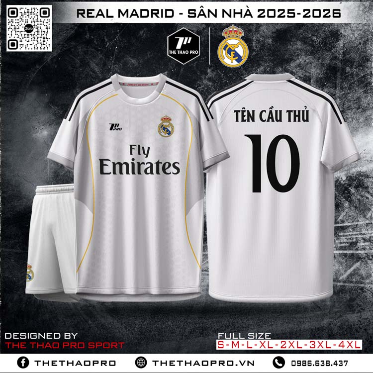 Áo đấu Real Madrid sân nhà 2025-2026 trắng vàng chính hãng