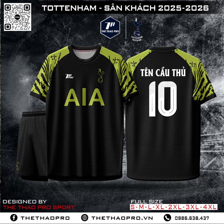 Áo đấu Tottenham sân khách 2025-2026 màu đen xanh neon