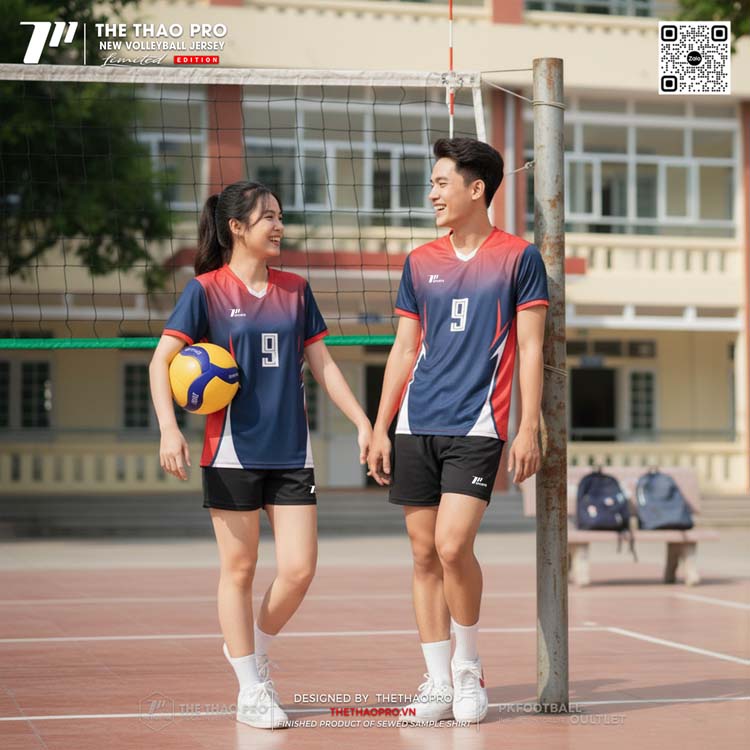 Áo Bóng Chuyền Cổ Tim Màu Xanh Navy Chuyển Sắc Đỏ