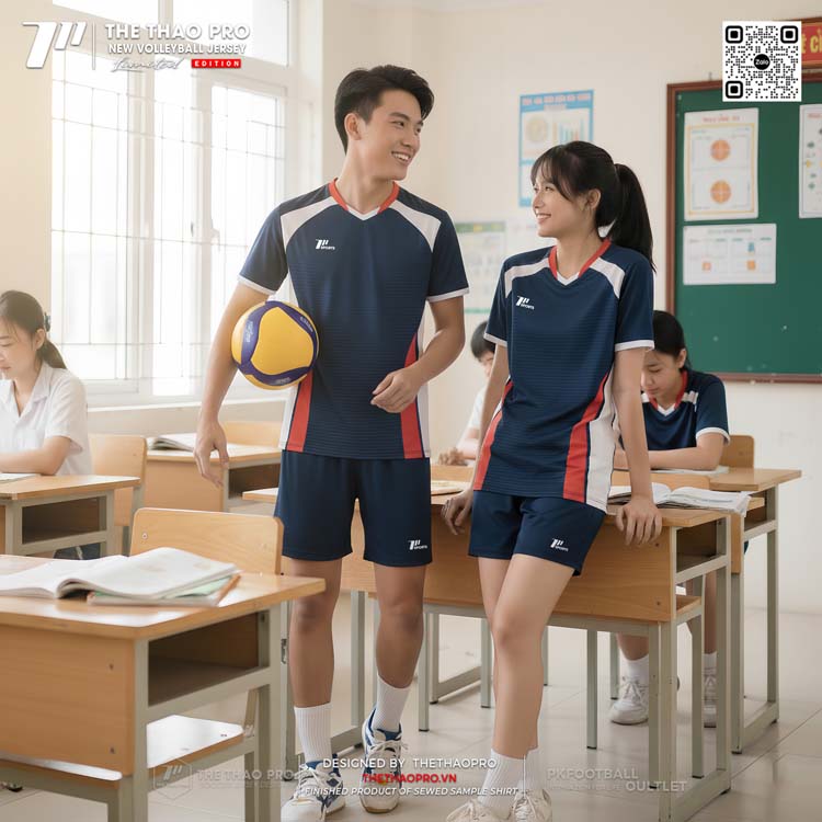 Đồng phục thể thao bóng chuyền xanh navy phối trắng đỏ cá tính