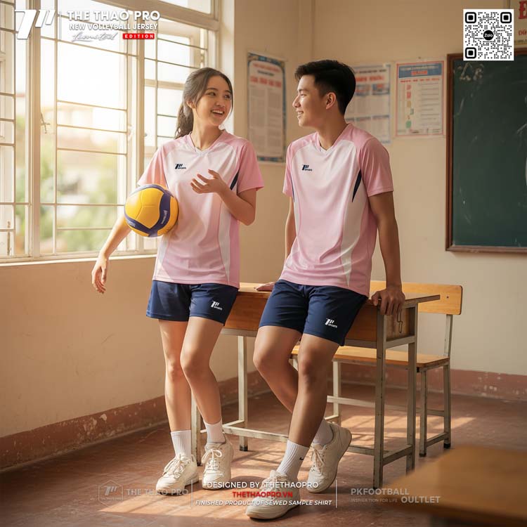 Áo bóng chuyền hồng pastel phối trắng – Unisex, thoáng khí, co giãn 4 chiều