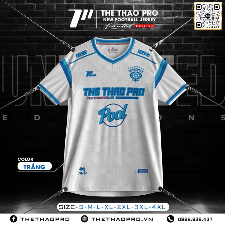 Áo Bóng Đá Trắng THE THAO PRO – Limited Edition Viền Xanh Dương
